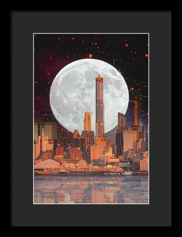 New York City and Big Moon Artistic Painting - Framed Print