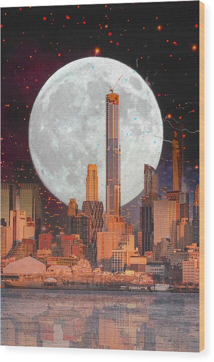 New York City and Big Moon Artistic Painting - Wood Print