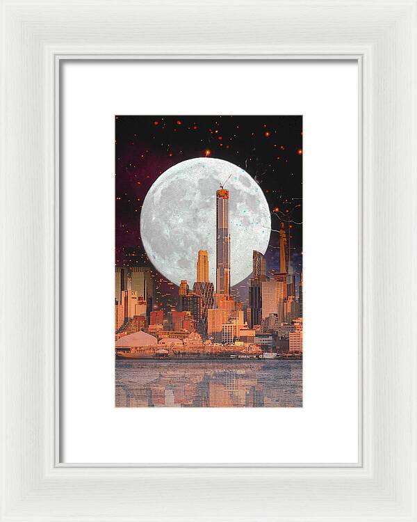 New York City and Big Moon Artistic Painting - Framed Print