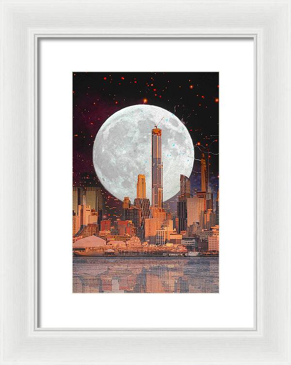 New York City and Big Moon Artistic Painting - Framed Print