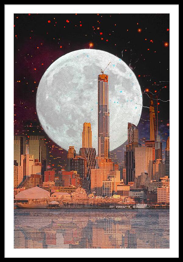 New York City and Big Moon Artistic Painting - Framed Print