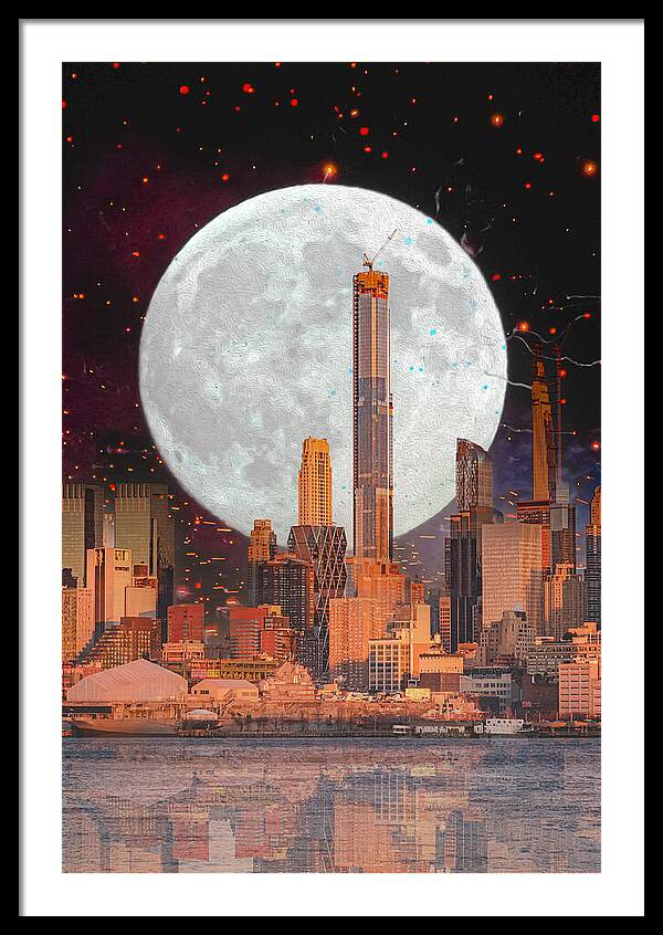 New York City and Big Moon Artistic Painting - Framed Print