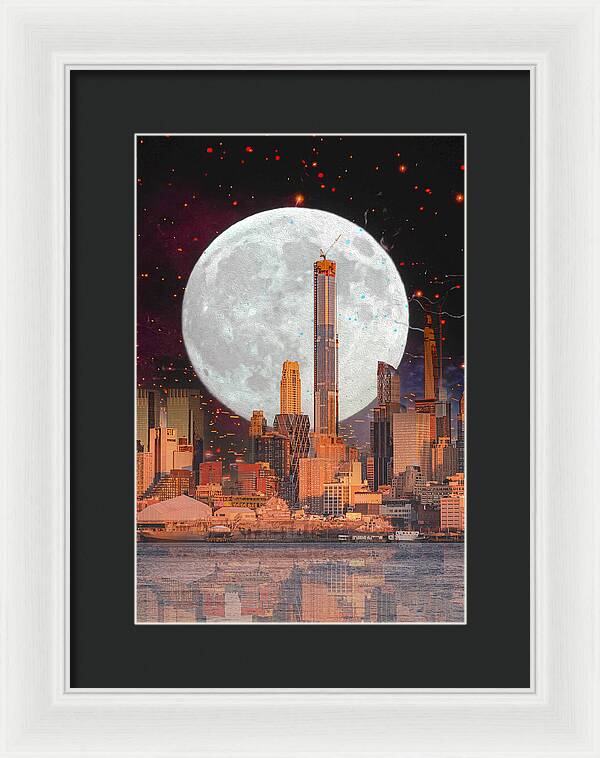 New York City and Big Moon Artistic Painting - Framed Print