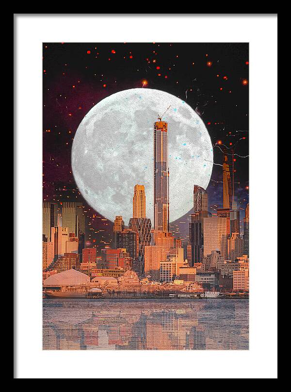 New York City and Big Moon Artistic Painting - Framed Print
