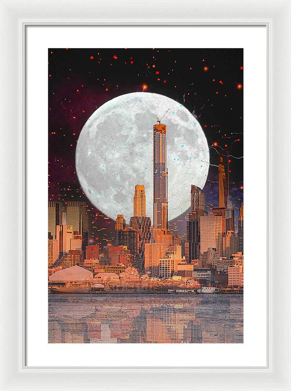 New York City and Big Moon Artistic Painting - Framed Print