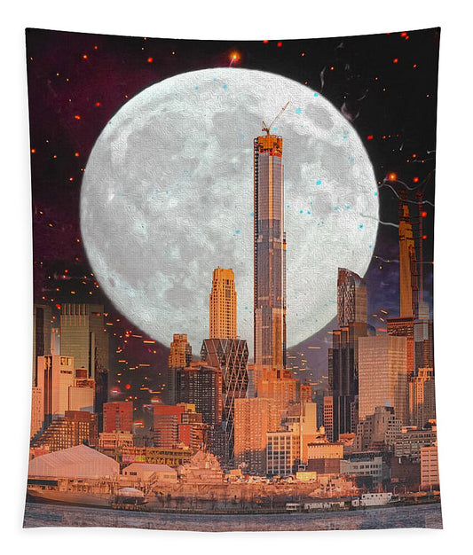 New York City and Big Moon Artistic Painting - Tapestry