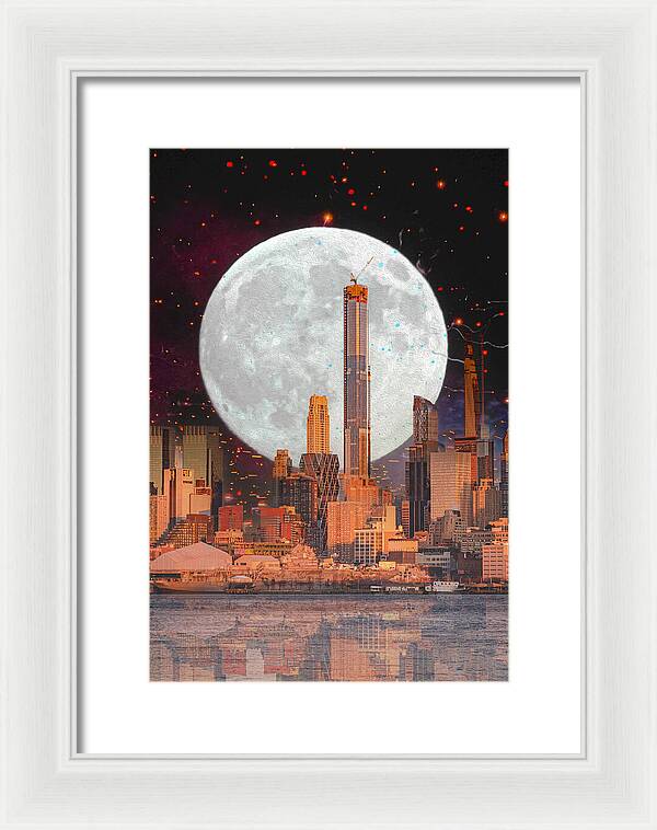 New York City and Big Moon Artistic Painting - Framed Print
