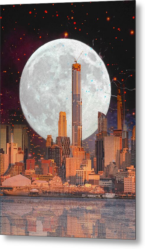 New York City and Big Moon Artistic Painting - Metal Print