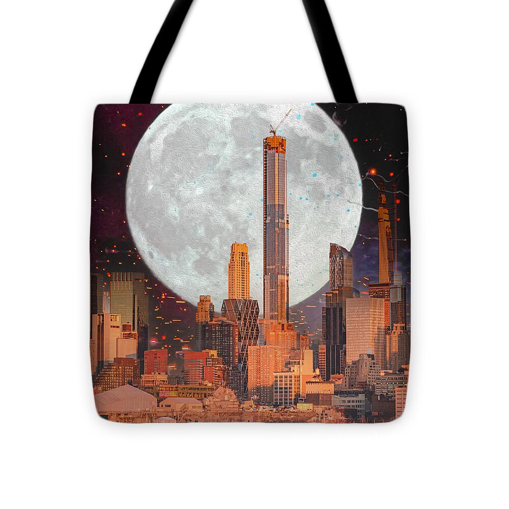 New York City and Big Moon Artistic Painting - Tote Bag