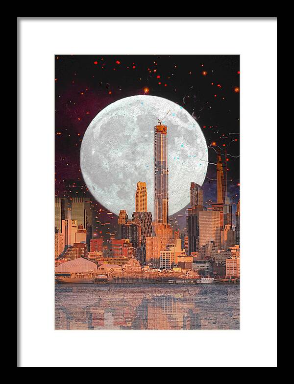 New York City and Big Moon Artistic Painting - Framed Print