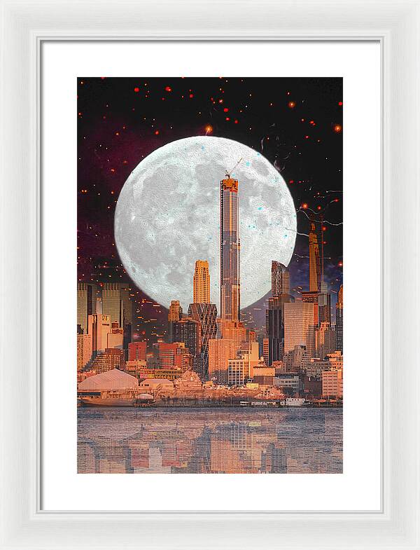 New York City and Big Moon Artistic Painting - Framed Print