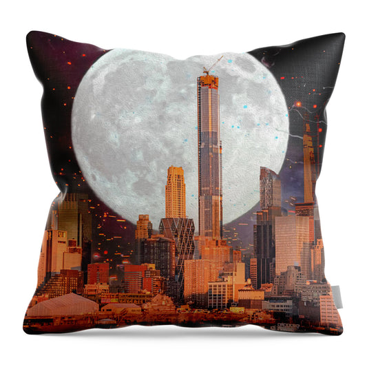 New York City and Big Moon Artistic Painting - Throw Pillow