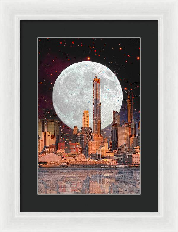 New York City and Big Moon Artistic Painting - Framed Print