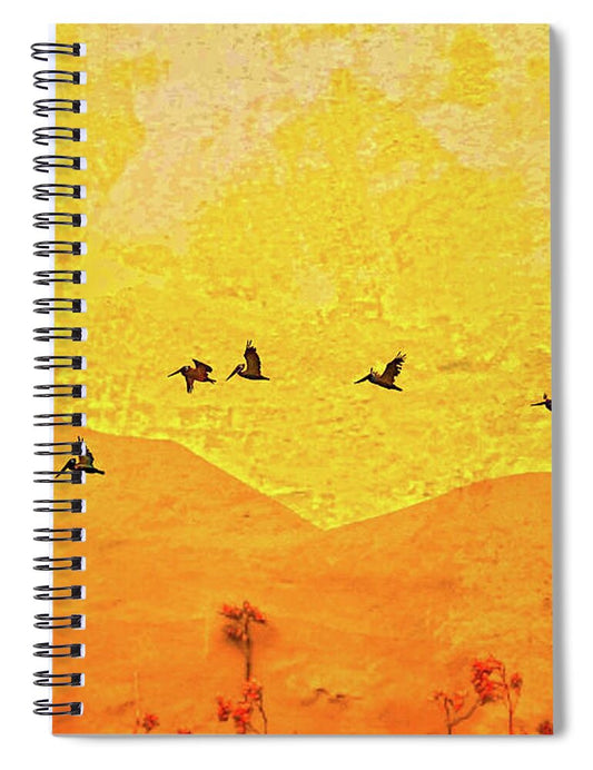 Orange bakcground and flying birds - Spiral Notebook
