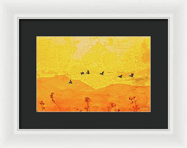 Orange bakcground and flying birds - Framed Print