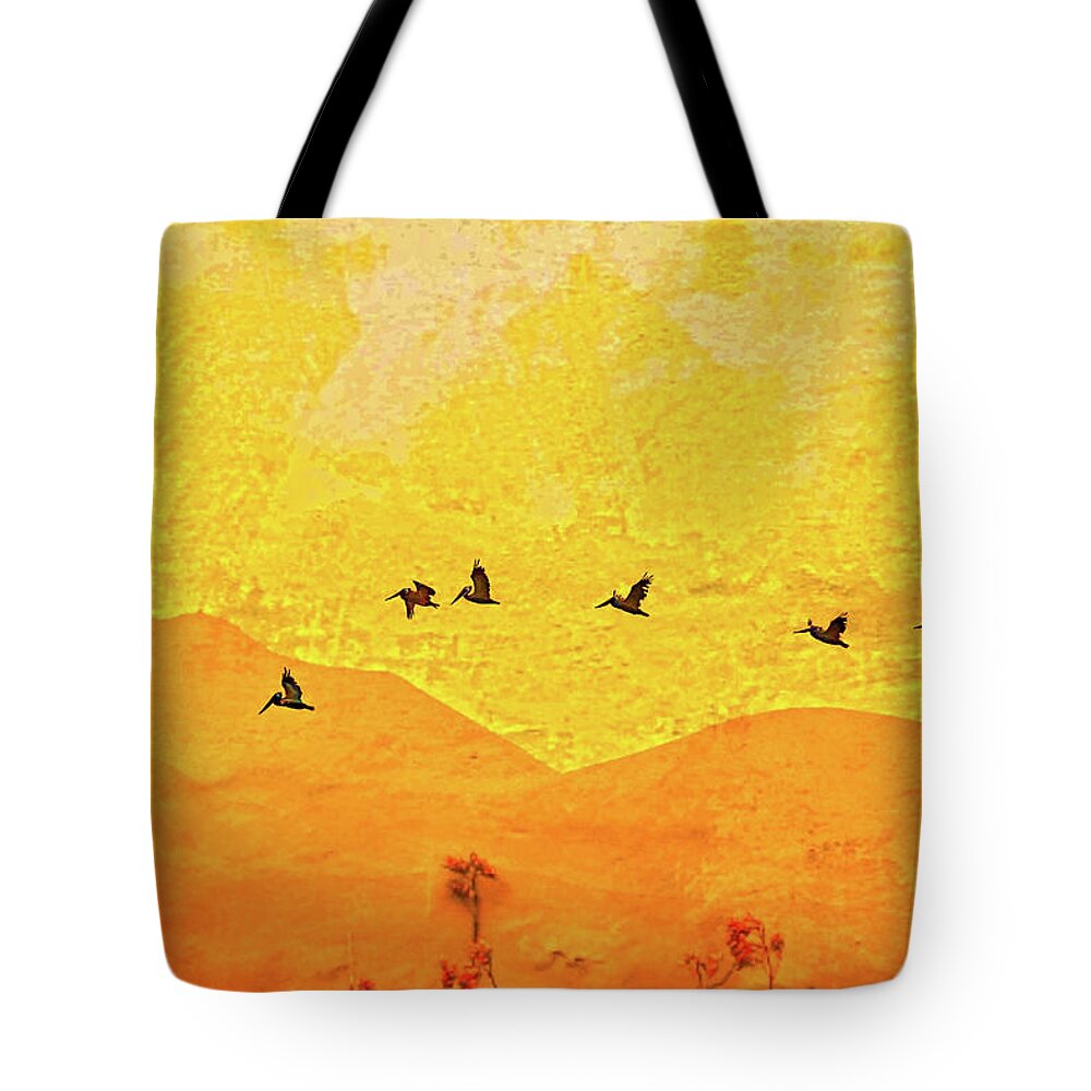 Orange bakcground and flying birds - Tote Bag