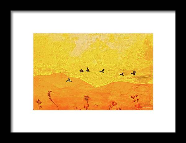Orange bakcground and flying birds - Framed Print
