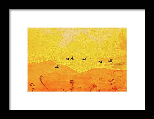 Orange bakcground and flying birds - Framed Print