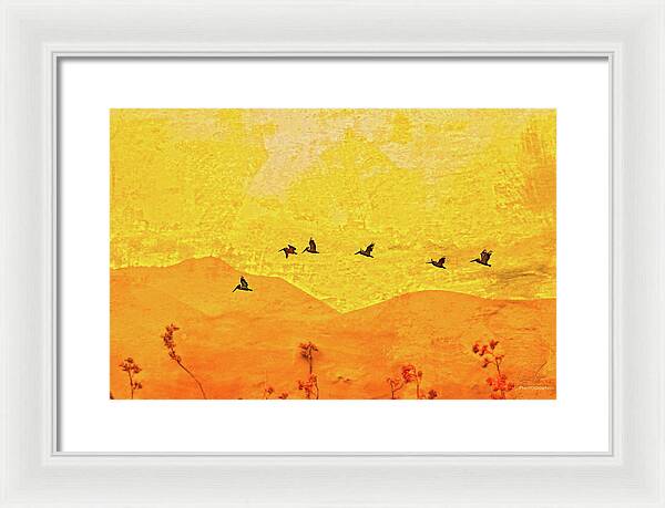 Orange bakcground and flying birds - Framed Print