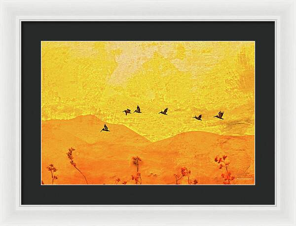 Orange bakcground and flying birds - Framed Print