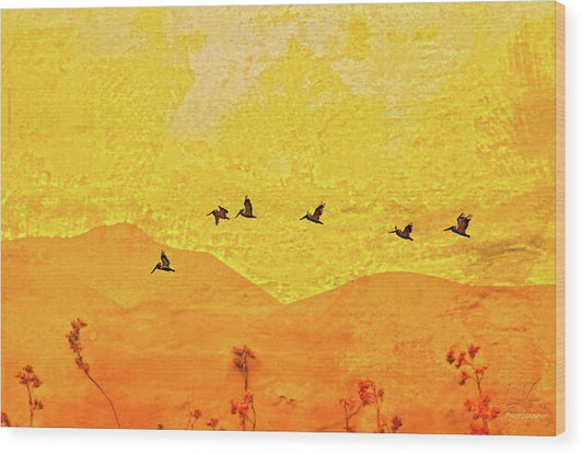 Orange bakcground and flying birds - Wood Print