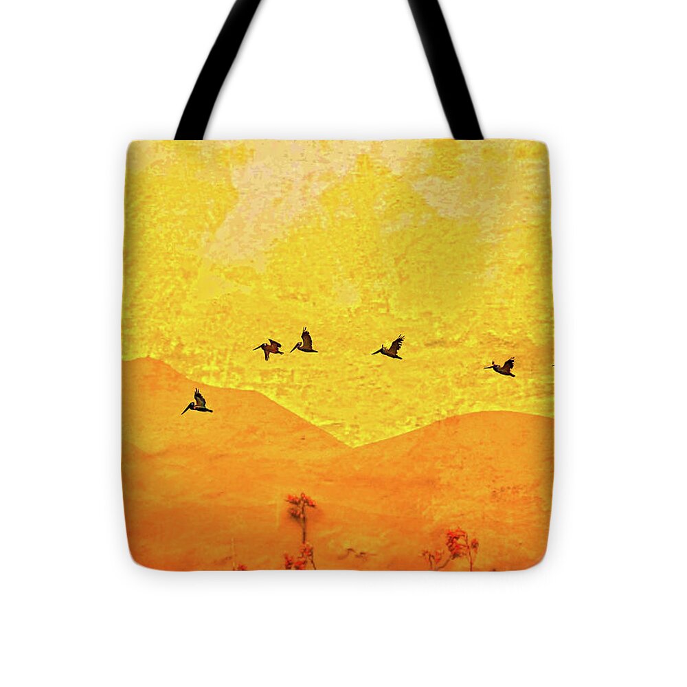 Orange bakcground and flying birds - Tote Bag