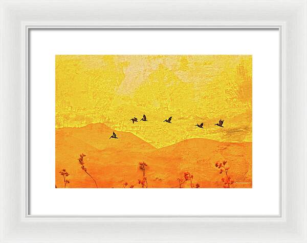 Orange bakcground and flying birds - Framed Print