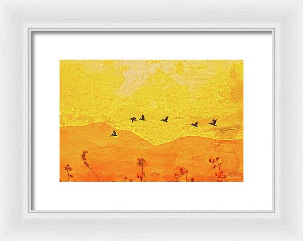Orange bakcground and flying birds - Framed Print