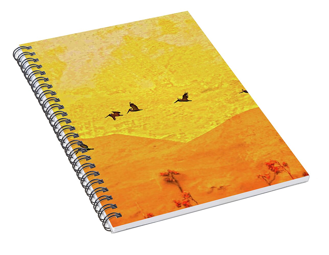 Orange bakcground and flying birds - Spiral Notebook