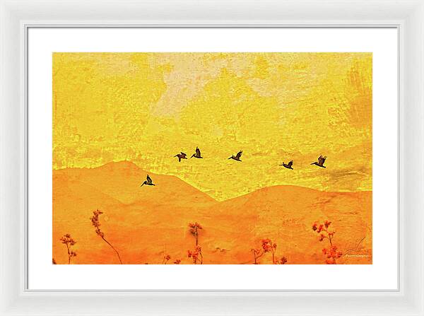 Orange bakcground and flying birds - Framed Print