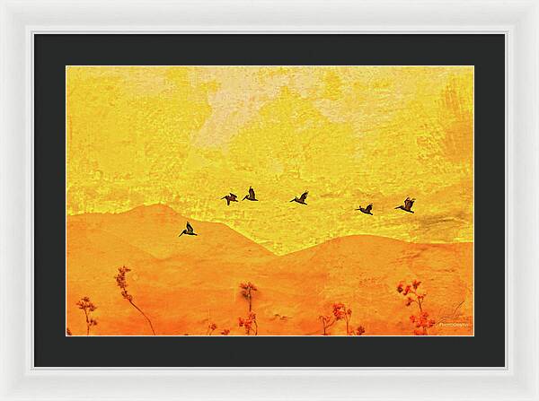 Orange bakcground and flying birds - Framed Print