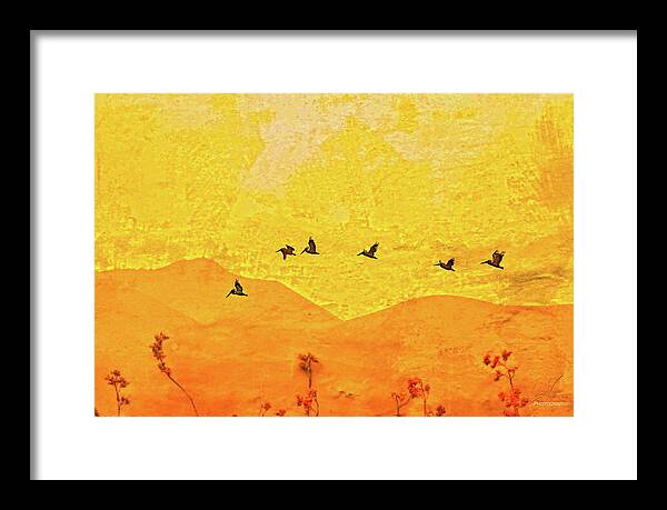 Orange bakcground and flying birds - Framed Print