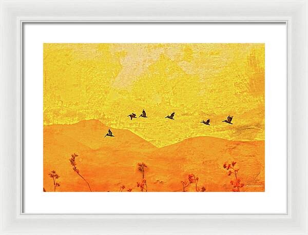 Orange bakcground and flying birds - Framed Print