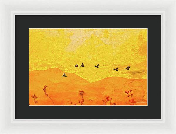 Orange bakcground and flying birds - Framed Print
