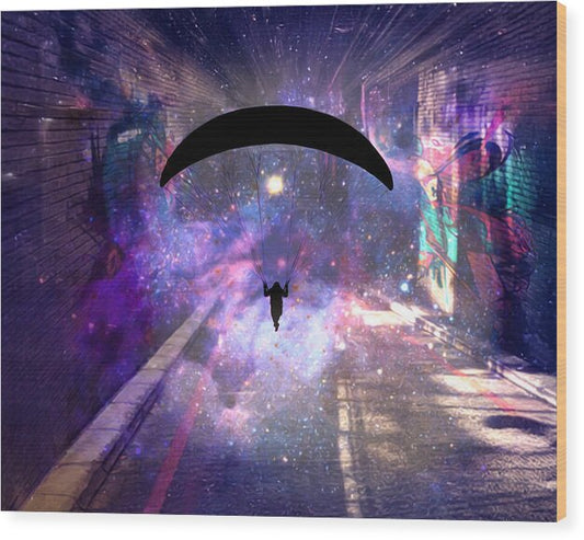 Paraglider Paragliding into another Galaxy - Wood Print