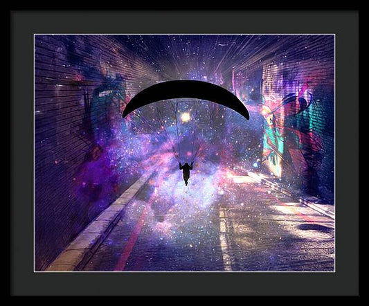 Paraglider Paragliding into another Galaxy - Framed Print