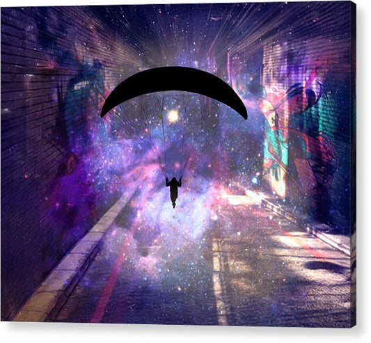 Paraglider Paragliding into another Galaxy - Acrylic Print
