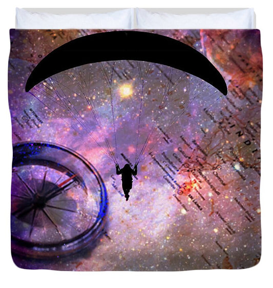 Paraglider Seeking Destination on a Map - Duvet Cover