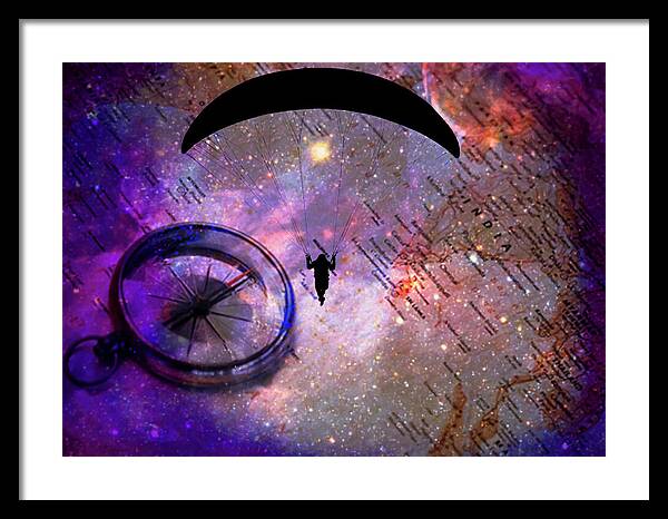 Paraglider Seeking Destination on a Map - Framed Print