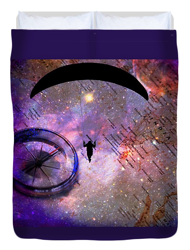 Paraglider Seeking Destination on a Map - Duvet Cover