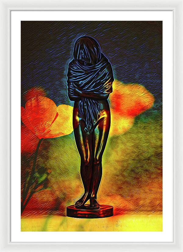 Poppy Flowers and Statue - Framed Print