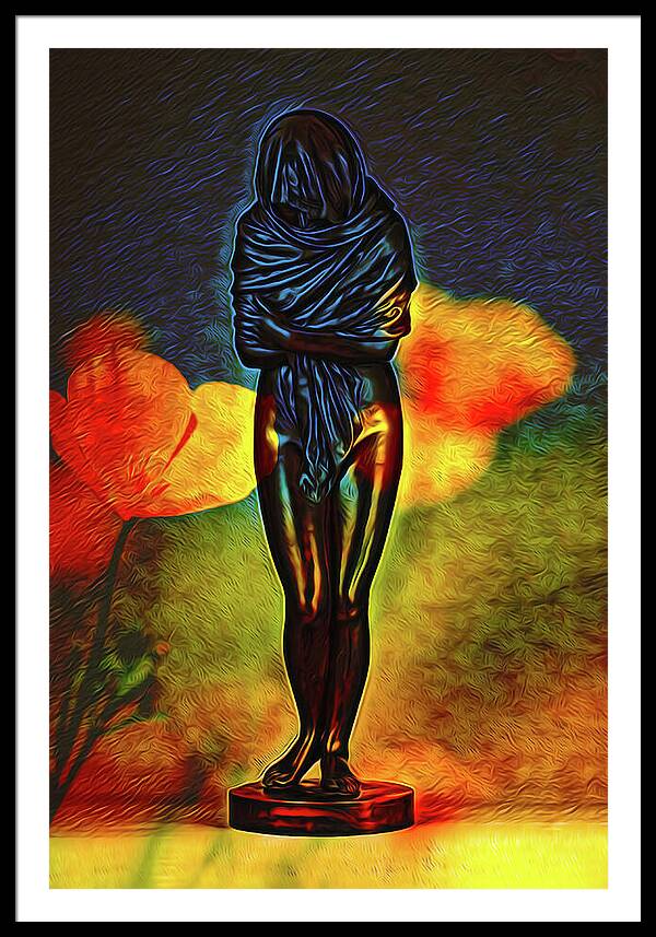 Poppy Flowers and Statue - Framed Print
