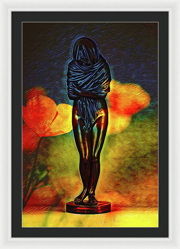 Poppy Flowers and Statue - Framed Print