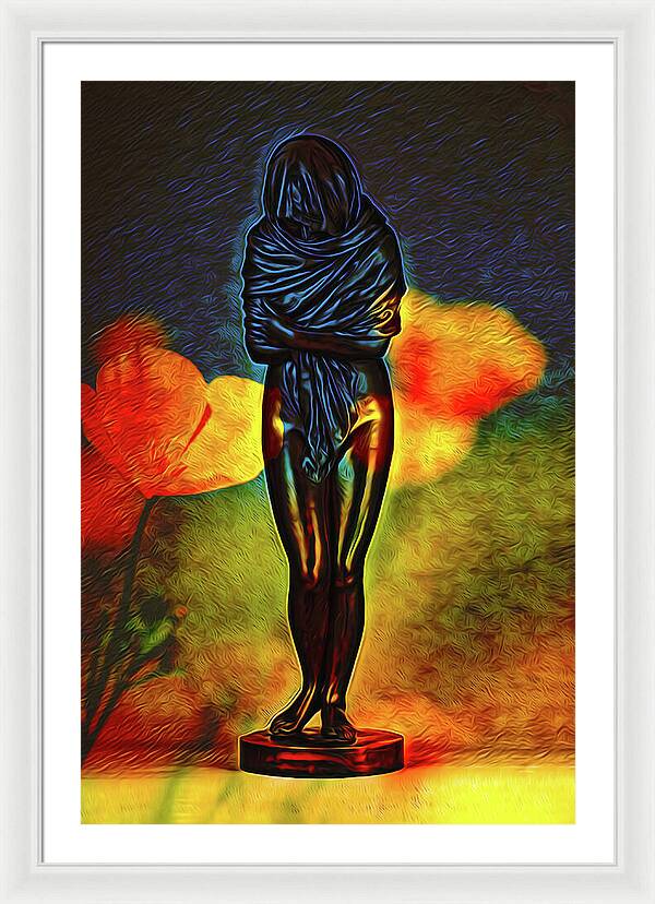 Poppy Flowers and Statue - Framed Print