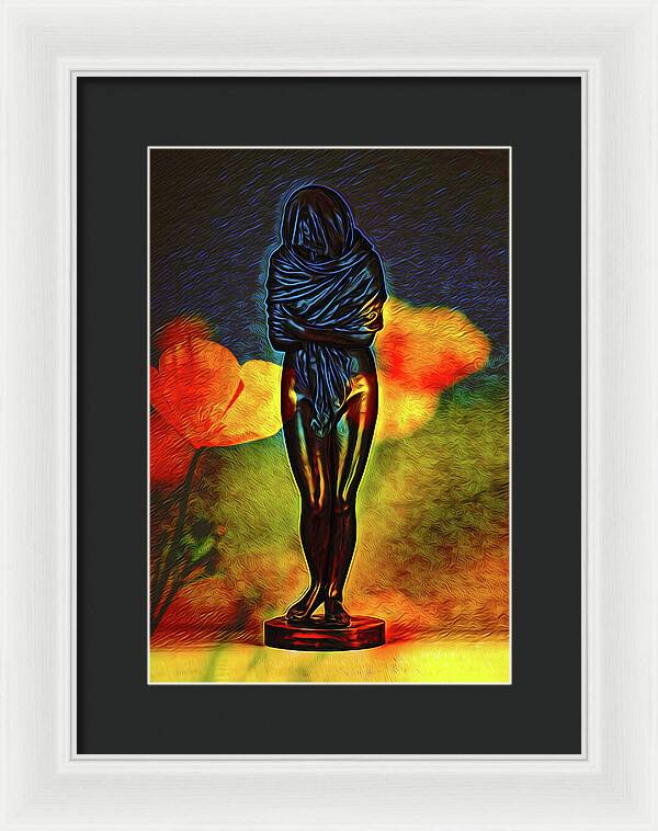 Poppy Flowers and Statue - Framed Print