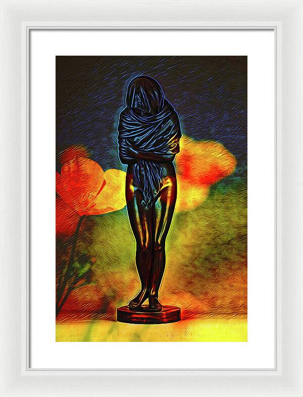 Poppy Flowers and Statue - Framed Print