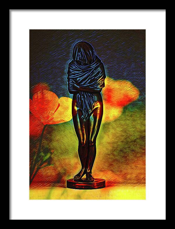 Poppy Flowers and Statue - Framed Print