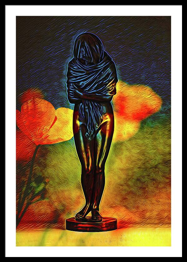 Poppy Flowers and Statue - Framed Print