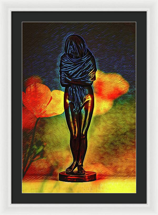 Poppy Flowers and Statue - Framed Print