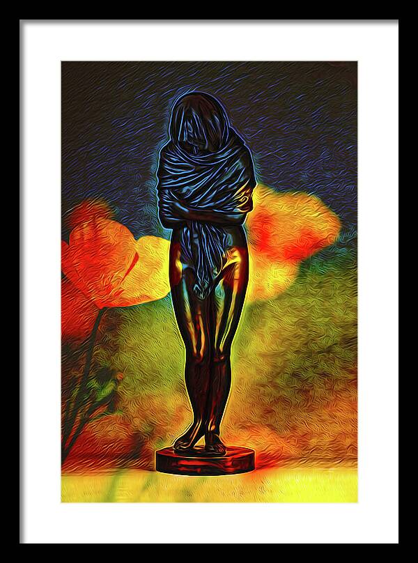 Poppy Flowers and Statue - Framed Print